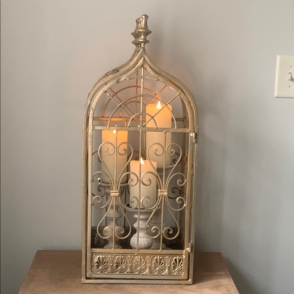 Elegant Gold Candle Holder Lantern bird cage large metal outdoor indoor home 28" - Picture 3 of 11